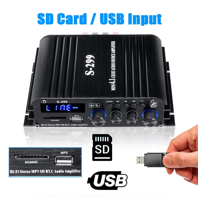 4.1 Channel Mini Audio Amplifier Receiver, Power Amplifier, Bluetooth 5.0 Amplifier, 50Wx4 + Active Subwoofer, Integrated Hi-Fi Loudspeaker Amplifier, Audio Reduction System for Car or Home 4.1 CH With Subwoofer (No FM)