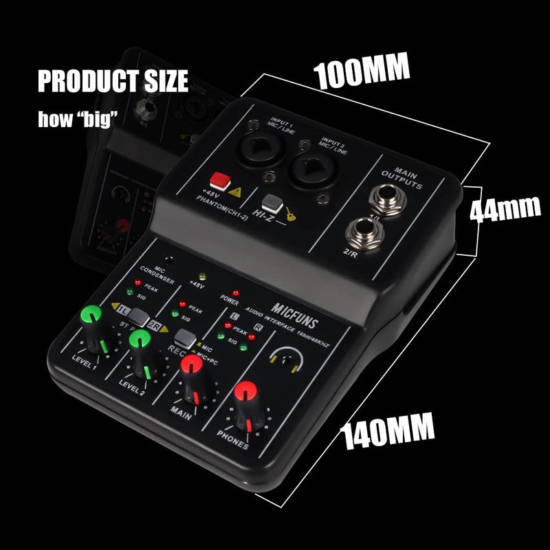 [AUSTRALIA] - Mini 2 channel audio DJ mixer console interface with 48V phantom power Combo Jack Microphone/Guitar XLR+6.35mm, 3.5mm Stereo in, Headphone Jack for studio live show,party recording 