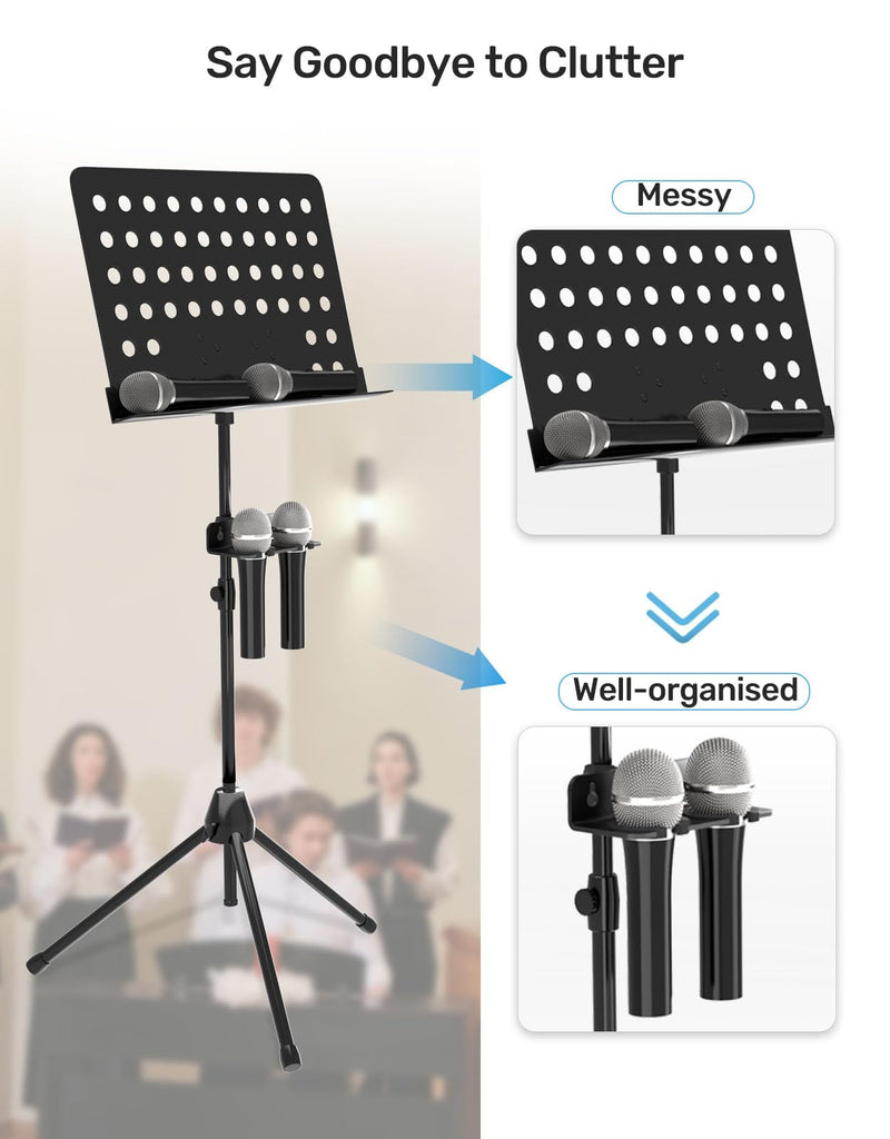 Multi Microphone Holder with Clamp (Aluminum/Rubber), Mount on Mic Stand & Desk Edge & Wall, Hold Up to 2 Wired/Wireless Handheld Mics, Ideal for Church, Street Performance, Home Studio, Karaoke