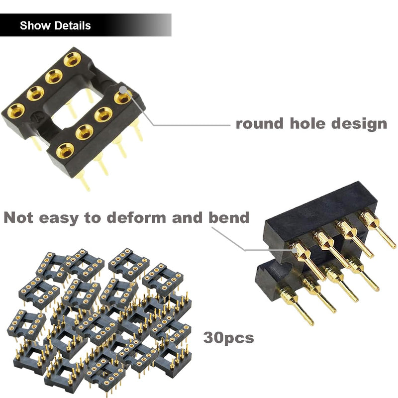 Youmile 30pcs DIP-8 IC Round Sockets, 2.54mm Pitch 8 Pin IC Socket Adapter Solder Connector Gold Plated Not Easy to Break with Tin Pin for DIY Electronics Experiment