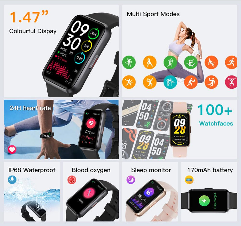 Fitness Trackers,Heart Rate Blood Oxygen Sleep Monitor,1.47‘’ OLED Display,Calorie Pedometer Steps Counter Activity watchs,Smart Band 24/7 Health Monitoring(Black) (DarkBLue) DarkBlue