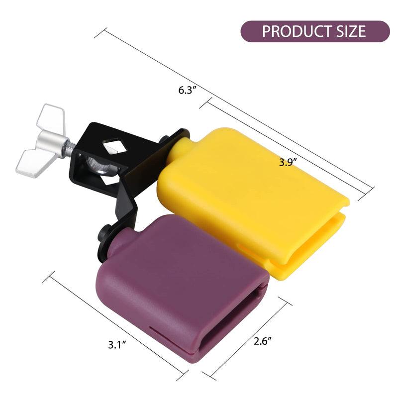 Jam Block,Plastic Cow Bell Double Sambago Bell Jam Block for Band Practice,Festival Performance,Latin Percussion Instrument Kit (Yellow-Purple) 6.2 inch Yellow-Purple