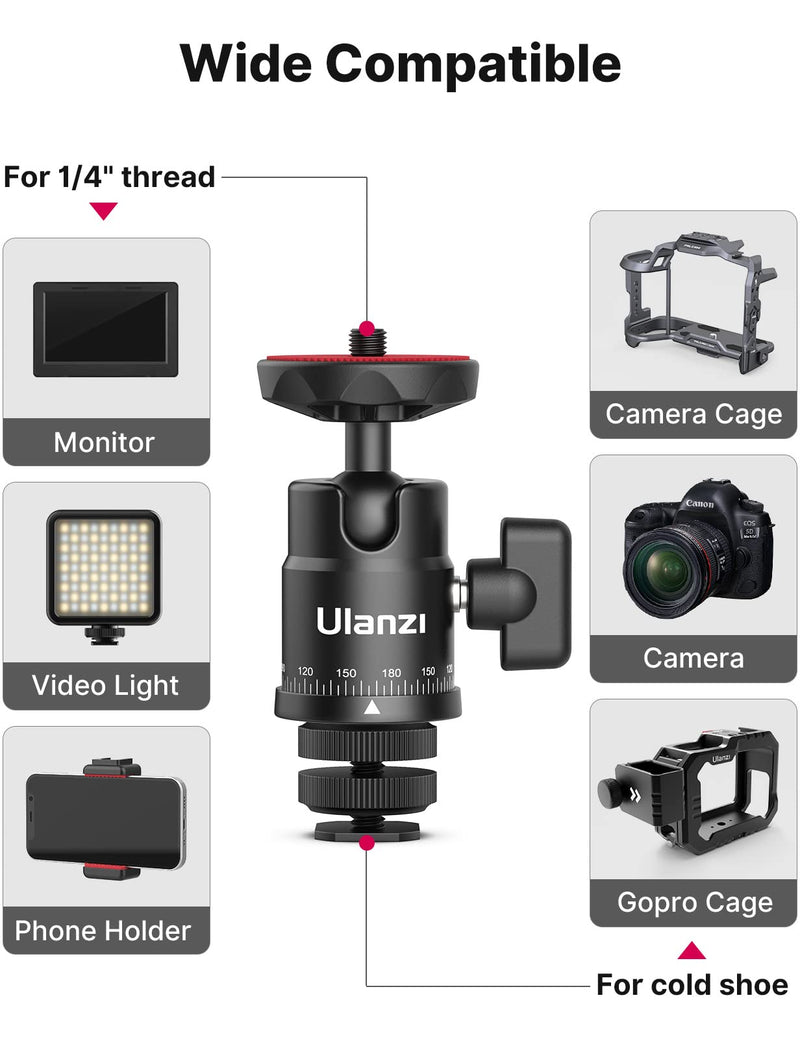 [AUSTRALIA] - Mini Ball Head, ULANZI H28 Panoramic Tripod Head + Dual Hot Shoe Mount DSLR Camera Mount Adapter Photograph Attachment Accessories for Action Cameras Cam Smartphone Light Microphone Loading 5.5lb 