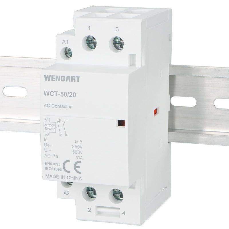 Wengart Compact AC Contactor WCT-50, White, AC230V, 50A, Built for Durability, Whisper Quiet Operation, Energy Saving, with Additional Functions for Household Appliances (2NO) 2NO
