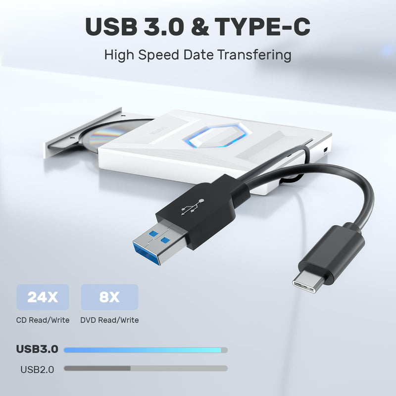 Unitek External CD DVD Drive, USB C 3.0 Portable Optical Disc Player Burner | CD DVD +/-RW Optical Disc Drive, 3 USB Hub and 1 SD Card Slot, Slim CD ROM Reader Writer for Laptop Desktop PC Mac Windows 5-IN-1 WHITE
