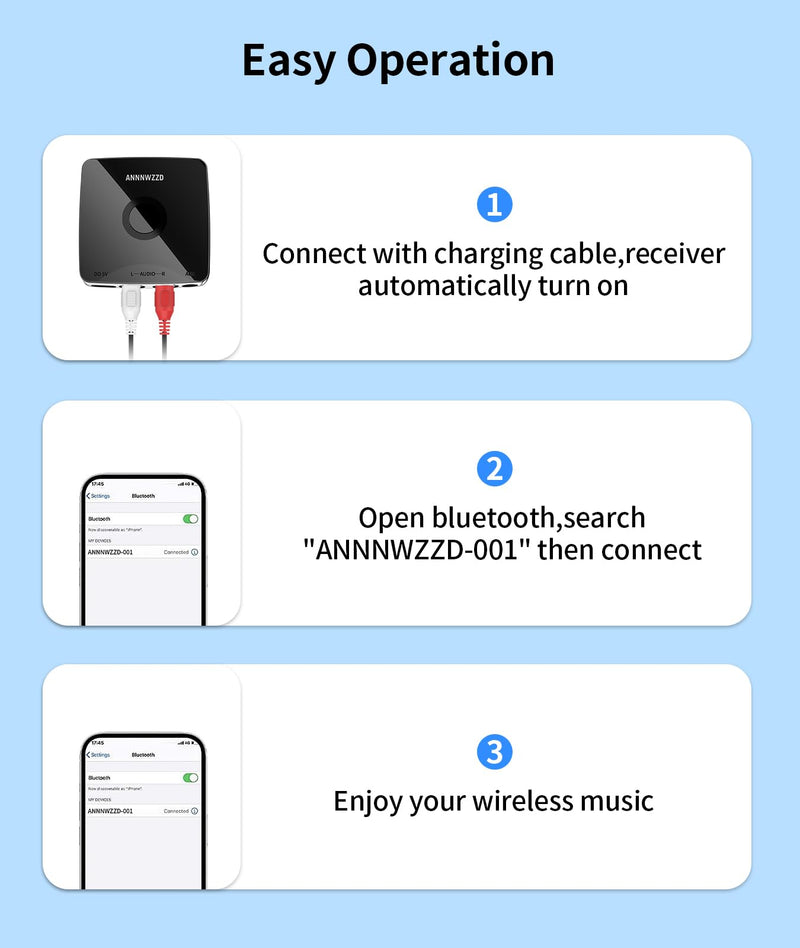 ANNNWZZD Bluetooth Receiver, V5.1 Bluetooth Receiver with 3.5mm to RCA, Bluetooth Adapter for Home Stereo HiFi, Speaker, Amplifier