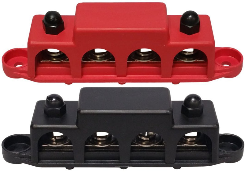 (Red & Black) 5/16" 4 Stud Bus BAR Power Distribution Block - Made in The USA - for Marine Battery Terminals, 12v Power and Ground Distribution Blocks - Terminal Block for Battery Terminals - BusBar Red & Black 5/16" - Pair