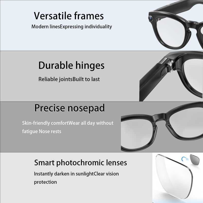 Smart Glasses with Camera, 4K UHD Video Recording & HD Photo Capture, AI Smart Glasses with Real-Time Translation, Open-Ear Bluetooth Audio, Voice Assistant, Photochromic Lenses for Travel and Outdoor
