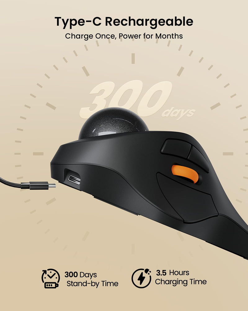 ProtoArc EM03 NL Wireless Bluetooth Trackball Mouse, Finger Control, Gray | Index-finger-controlled Design Reduces Wrist Fatigue, Connect 3 Devices Via Bluetooth/2.4G USB-A, 500mAh Rechargeable Battery