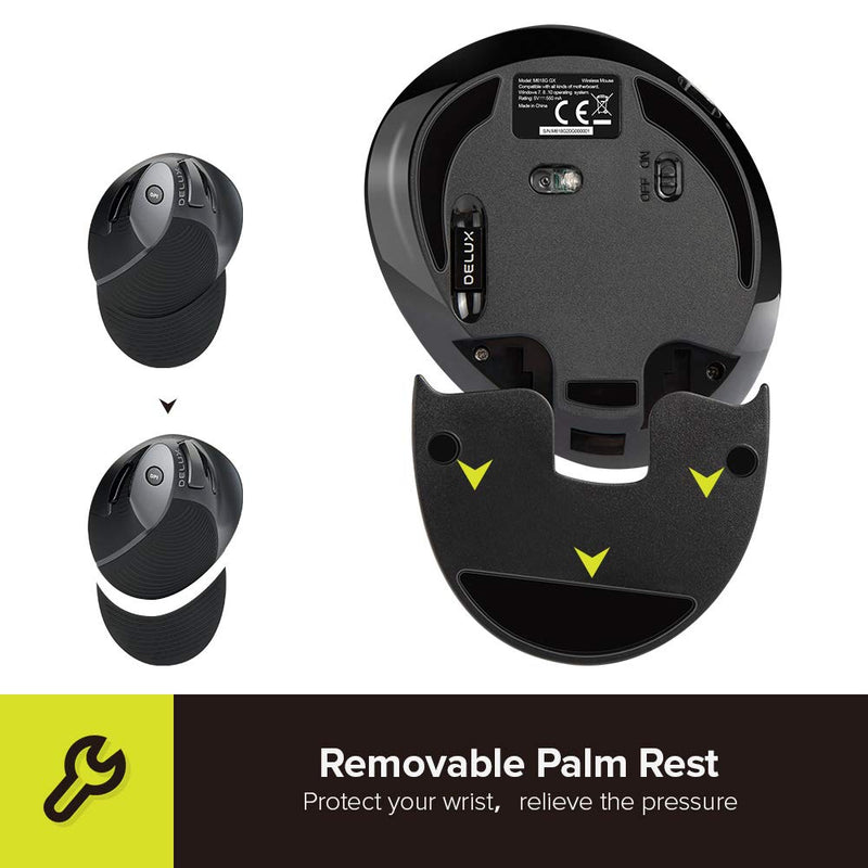 DELUX Upgrade Rechargeable Ergonomic Vertical Mouse, 2.4G Optical Wireless Ergo Silent Mouse with USB Receiver, 6 Buttons, 3 Gear DPI and Removable Palm Rest Reduce Muscle Strain (M618G GX-Black) M618G GX 2.4G Wireless 1600DPI