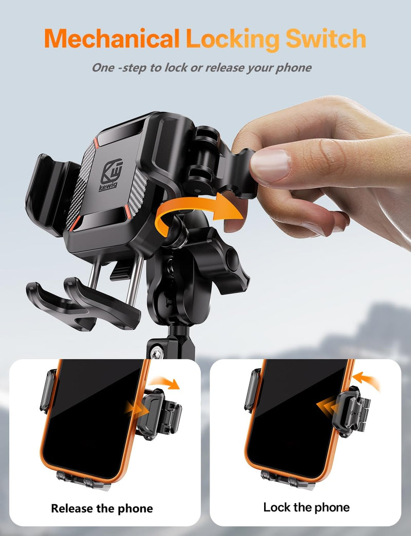 Kewig Anti-Theft Motorcycle Phone Mount with Vibration Dampener | Camera Friendly Bike Handlebar Phone Holder for Bicycle Scooter ATV, Adjustable Size Fit for 5.4-7.2" Cellphone M33-C1