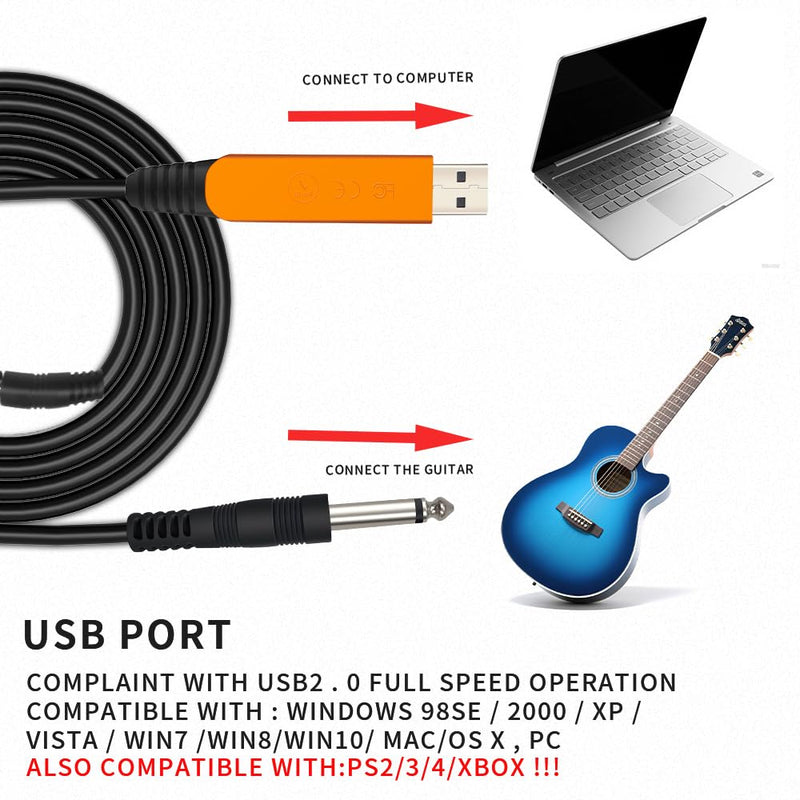USB Guitar Cable for Instruments Recording 10FT USB-A to 6.35mm 1/4 TS Gold-Plated Cable Audio Adapter for Eletronic Guitar, Bass, Piano Recording Compatible with PC, Mac etc. - 10FT/3.1M