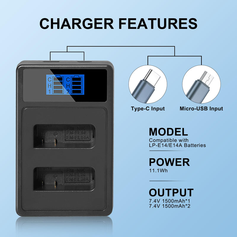 EN-EL14 / EN-EL14a 2-Pack Batteries and Charger for Nikon D5100 D5200 D5300 D5500 D5600 D3100 D3200 D3300 D3400 D3500 DF Coolpix P7000 P7100 P7700 P7800 Cameras 2 batteries and charger
