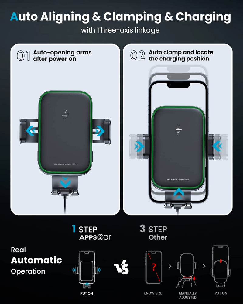 APPS2Car 15W Wireless Car Charger Cup Holder, Dual Coil, Auto Clamping | Tri-Pivots Height Adjustable Fast Charge Phone Wireless Charging Mount for Cars SUVs Trucks, for iPhone 12-17, Samsung, etc.