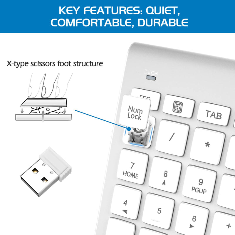 Wireless Number Pad, Portable 2.4Ghz USB 10 Keys Financial Accounting Numeric Keypad Data Entry Numpad for Laptop, PC, Desktop White