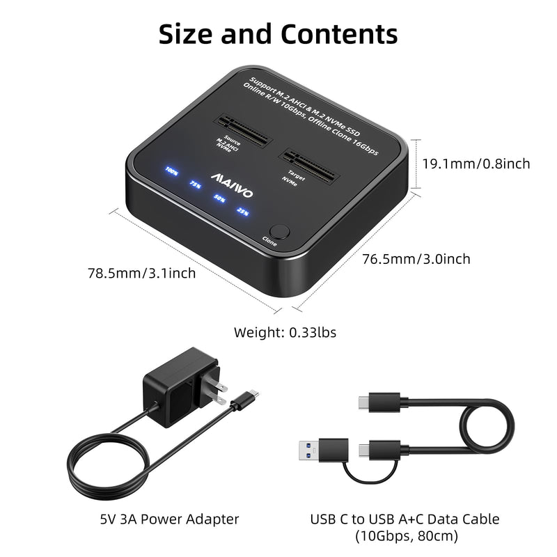 MAIWO M.2 NVMe SSD Cloner Duplicator, USB3.2 Gen2 16Gbps Clone Speed, Dual Bay Hard Drive Docking Station Reader Copier for PCIe NVMe M-Key SSD with UASP, 5V 3A Power, Access Two SSDs Simultaneously