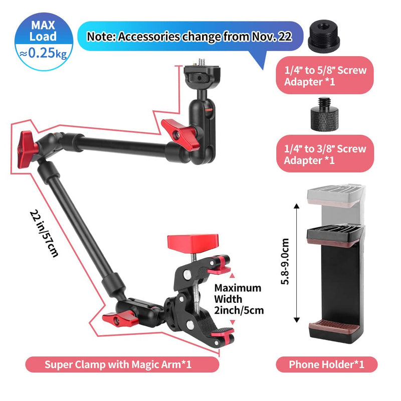 Upgraded 22in/57cm Adjustable Articulating Friction Magic Arm with 1/4" Thread & Super Clamp with Two 1/4" and one 3/8" Thread, Camera Mount for LED Light/Microphone Video Rig 22inch