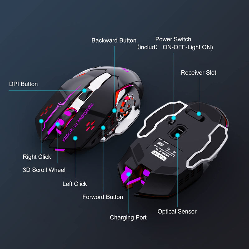 QELIROKY QV13 New 2.4G Wireless Rechargeable Gaming Mouse Silent Click with 6 Buttons, 3 Adjustable Levels DPI , Colorful LED Lights for Laptop, iPad, MacOS, PC, Windows, Android (Black)