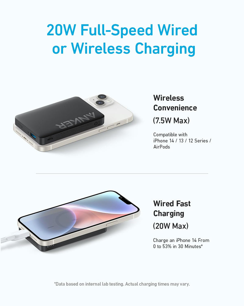 Anker Magnetic Power Bank 10,000mAh, Wireless Portable Charger, 20W Fast Charging Battery Pack with USB-C, Magsafe-Compatible with Magsafe,iPhone 15/15 Plus/15 Pro/15 Pro Max, iPhone 14/13/12 Series Black