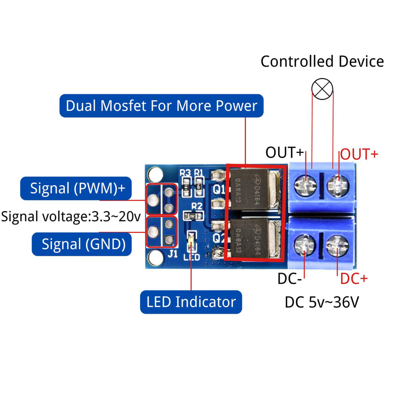 LAOMAO Transistor Mosfet Module 5V-36V 400W PWM Dual High Performance Driver Module MOSFET Switch Drive Compatible with Arduino (Pack of 20)