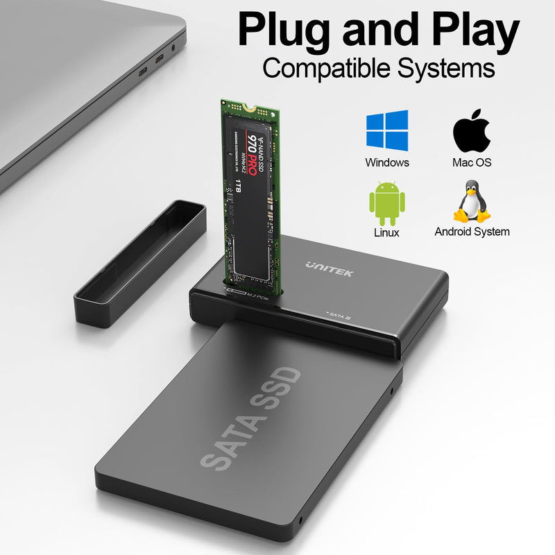 Unitek Dual-Bay M.2 NVMe/SATA USB 3.2 Adapter, 10Gbps, Tool-Free | Simultaneous M.2 & SATA Access; Fits M.2 2230-2280 & 2.5/3.5" SATA Drives; Hot-Swap, Auto Sleep, No Driver; JMS581D Chip