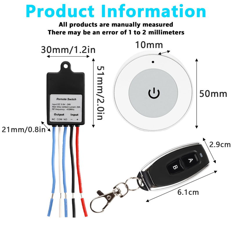 [AUSTRALIA] - Remote Control Switch, 12 V Radio Switch, DC5.5 V ~ 30 V 5 A Relay Remote Switch, 50 m Long Range Radio Switch with 2 Remote Controls for Ceiling Lights, Motor, Lamps Christmas Decoration 