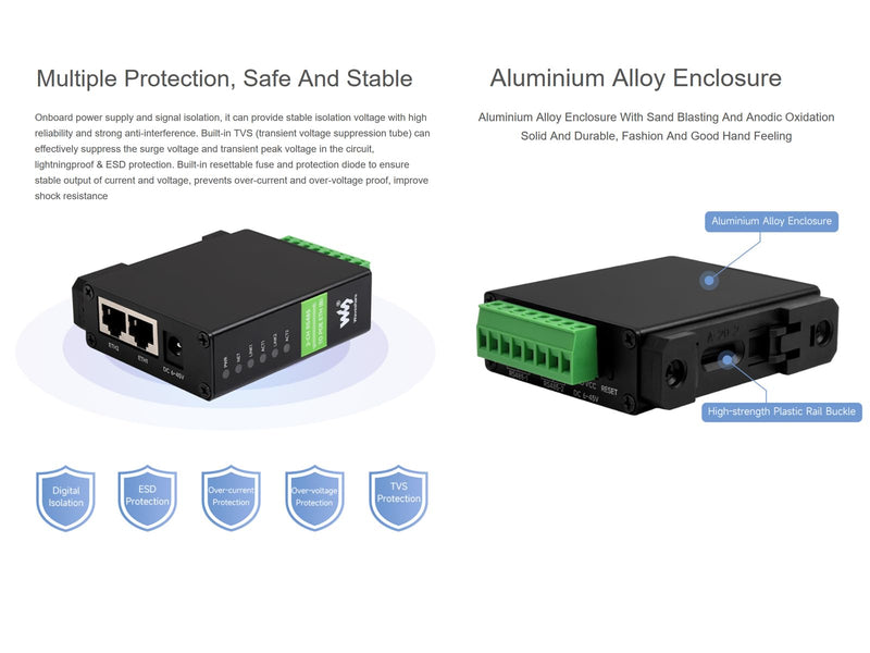 waveshare 2-Ch RS485 to POE Ethernet Converter Industrial Isolated Serial Server, 2-Ch RS485 Independent Operation, Dual POE ETH Ports, Modbus Gateway MQTT Gateway JSON Support, Rail-Mount Metal Case