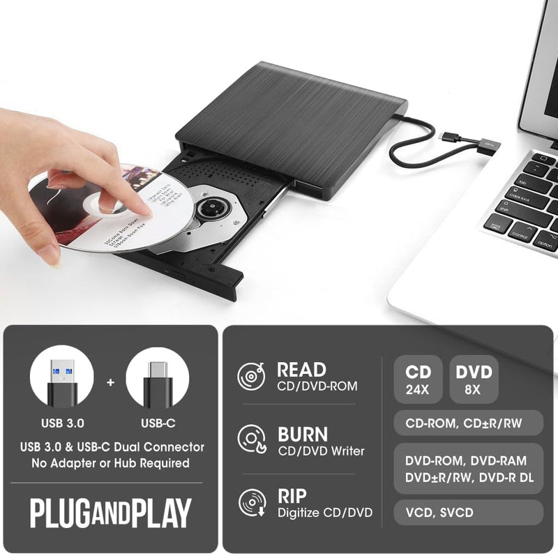 [AUSTRALIA] - ROOFULL External CD/DVD Drive for Laptop, USB 3.0 & USB-C Portable CD/DVD-RW Player Reader Writer Burner, Optical Disc Drive for Windows 11/10 PC, Mac, MacBook & Linux Computer, Model ECD829-Y 2 In 1 