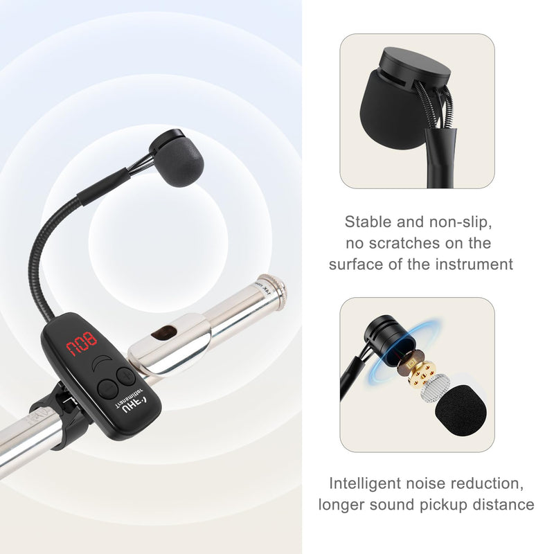 XIAOKOA Wireless Microphone,UHF Wind Instrument Clip Microphones,Rechargeable Receiver and Transmitter Mic System,130ft Range with Digital Screen,Great for Flute, Piccolo, Clarinet