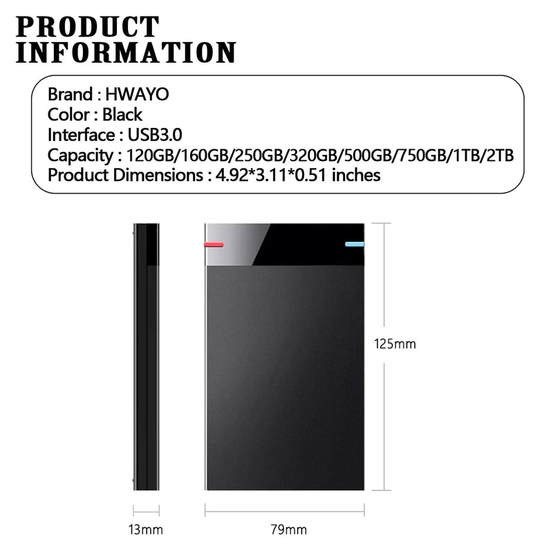 HWAYO 2.5'' 750GB Ultra Slim Portable External Hard Drive USB3.0 HDD Storage for PC, Desktop, Laptop, MacBook, Chromebook, Xbox One, HDDRBUSB3.0