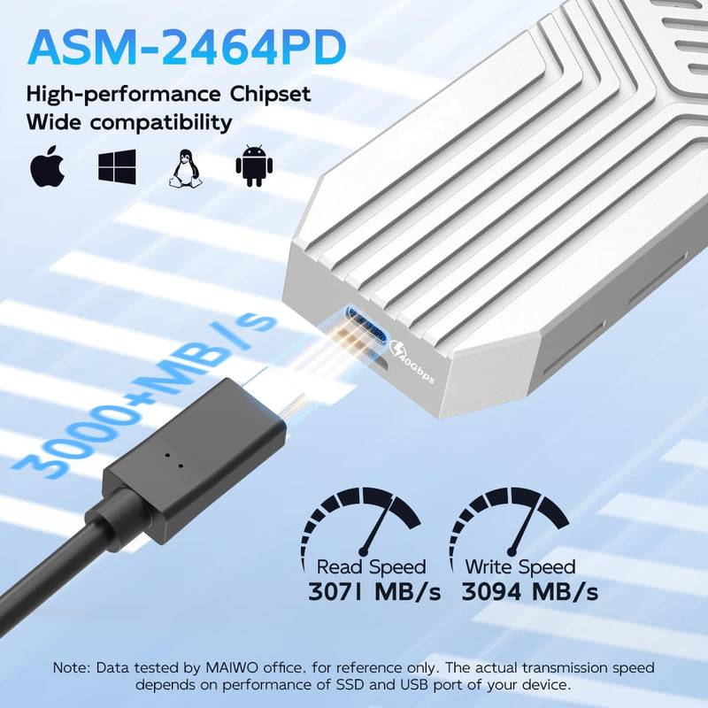 MAIWO NVMe Enclosure 40Gbps with Cooling Fan, All Aluminum Case Tool Free, M.2 PCIe M-Key SSD to USB4 Adapter Reader, Compatible with Thunderbolt4/3 USB3.2/3.1/3.0 8TB Capacity
