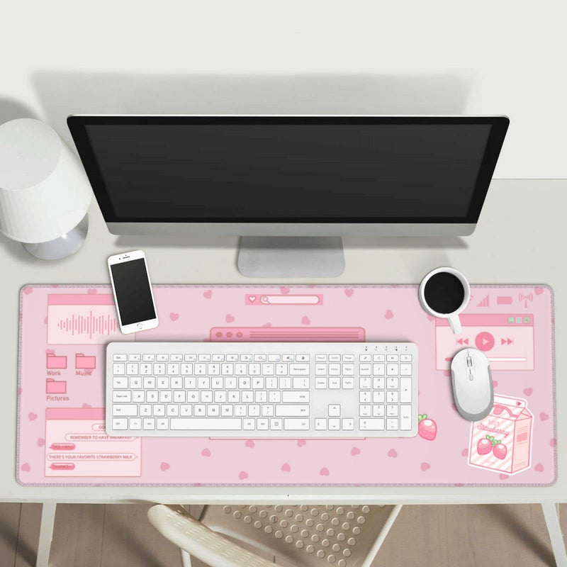 Pink Game Strawberry Milk Gaming Mouse Pad XL, Large Extended Mousepad Desk Pad, Long Nonslip Rubber Mice Mats Stitched Edges Playmat for Office Home Gamer, 31.5x11.8 Inch Pink Game Strawberry Milk