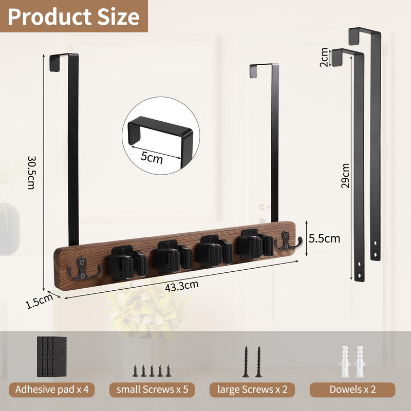 Cyiecw Broom Holder Wall or Broom Holder Over the Door, Drillable Tool Wall Mount, Wooden Stainless Steel Broom Mop Tool Garden Tool Holder, Door Organiser with 4 Holders and 2 Hooks, 1 Piece (Brown) Brown