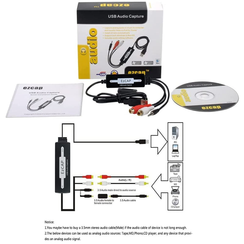 [AUSTRALIA] - USB Audio Capture Recorder Card Converts Turntable LP/Cassette Tape Audio to MP3/WAV Digital Music Converter Adapter, Support/Vista/7/8/8.1/10 and 