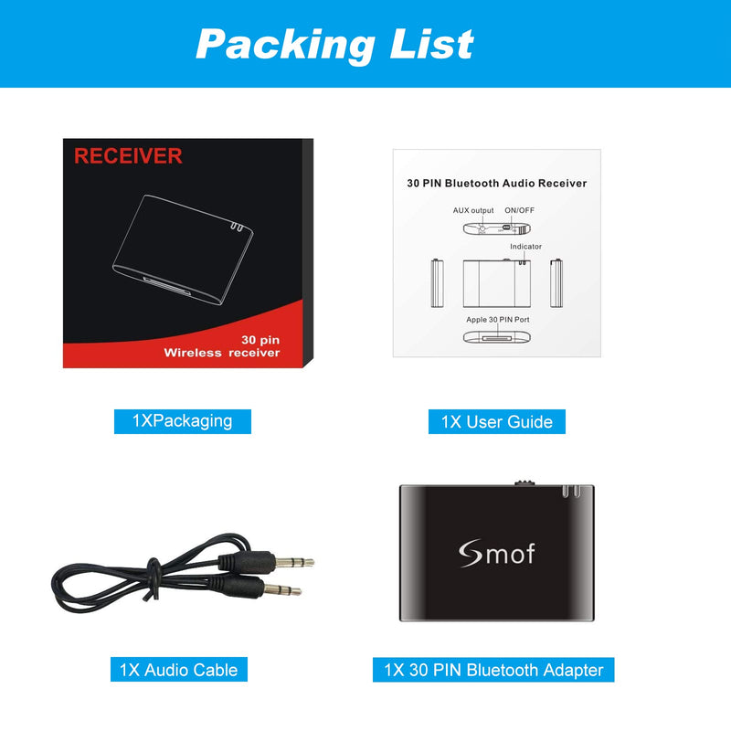 Smof 30 Pin Bluetooth Adapter Receiver for Bose Sounddock iPod iPhone Music Docking Station and Other 30 Pin Dock Speakers Bluetooth Audio Receiver with 3.5 mm Audio Cable (Not for Car or Motorcycle)