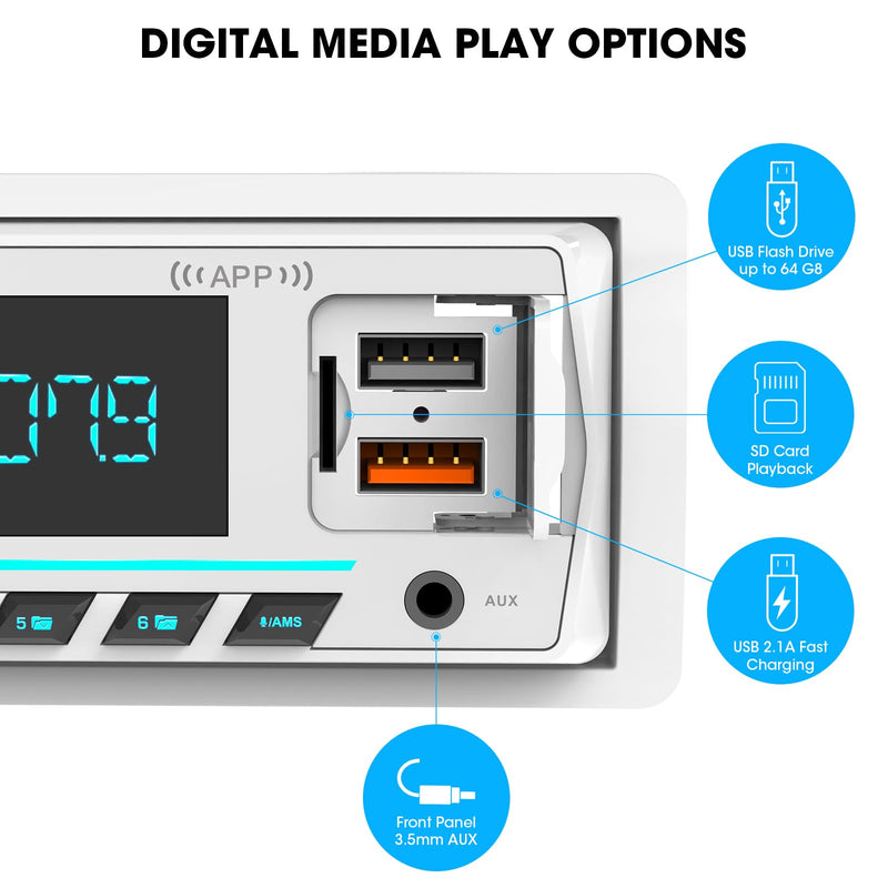 Single Din Bluetooth Marine Radio: Indash Car Stereo Receiver for Boat | Digital LCD Display AM FM AUX SD USB Fast Charging 2 Subwoofer Outputs White