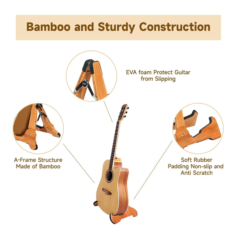 Portable Guitar Stand Floor - Folding Acoustic Electric Guitar Stands A-frame Wooden, Bamboo Single Bass Guitar Holder Portable Soporte Para Guitarra Rack for Mandolin Banjo Ukulee Violin Folding Guitar Stand
