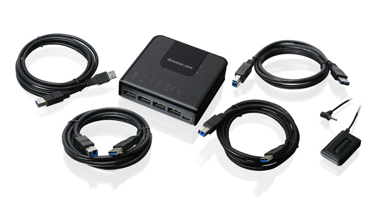 IOGEAR 4x4 USB 3.0 Peripheral Sharing Switch - Share 4 USB Devices Between 4 Computers - LED Indicators - Cables & Remote Included - PC - MAC - Printer - Scanner - Mouse/Keyboard and More - GUS434