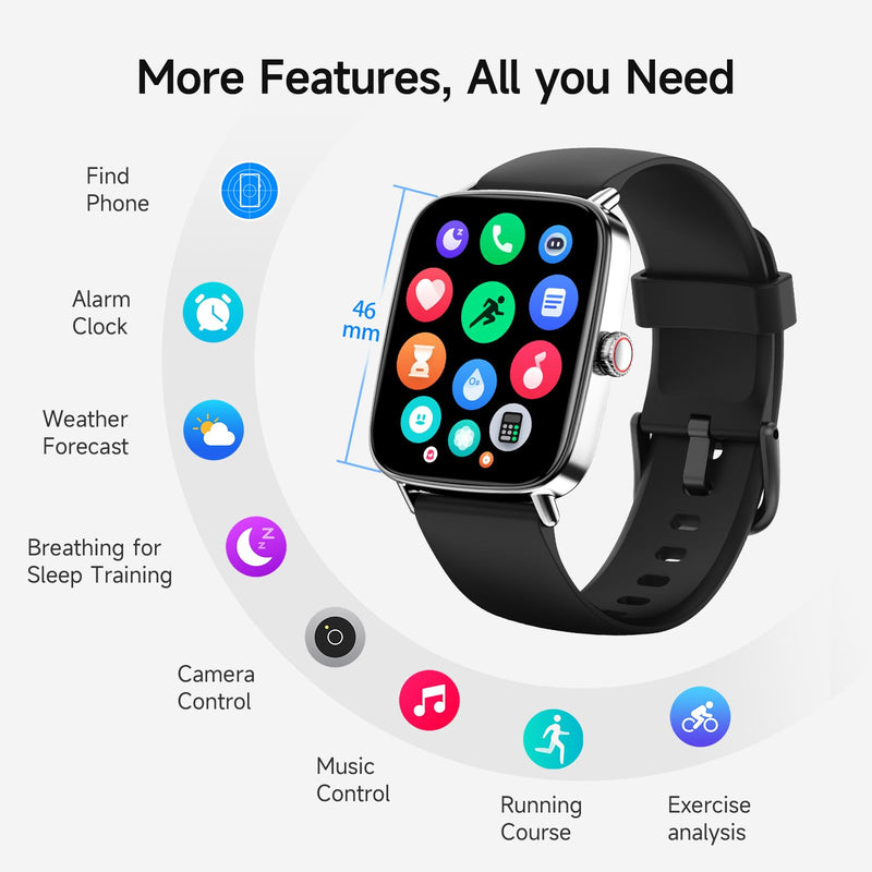 Smart Watch for Men Women, 1.85" (46mm) Smartwatch Compatible iPhone/Samsung/Android (Answer/Make Calls), 100+ Sport Modes Fitness Tracker with Heart Rate/Sleep/SpO2 Monitor, IP68 Waterproof, 2 Bands