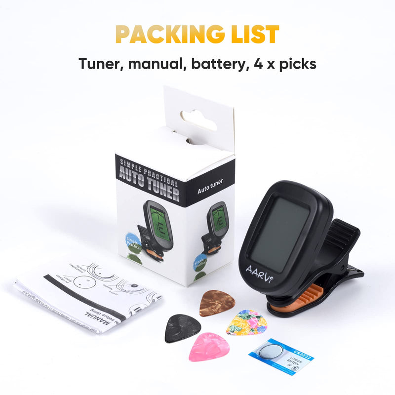 Clip On Guitar Tuner for All Instruments, Acoustic/Electric Guitar, Ukulele, Bass, Violin, Banjo, Large Clear LCD Display for Guitar Tuning, Chromatic Tuner, 4 Pack Guitar Picks Included Black-1-Pack