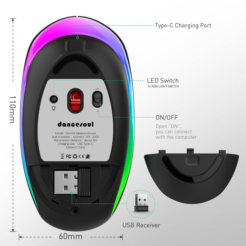 Dancesoul LED Rechargeable Wireless Mouse, 2.4G Noiseless Mouse with USB Receiver and RGB Light,Portable Computer Mice for PC, Tablet, Laptop-Black Mouse