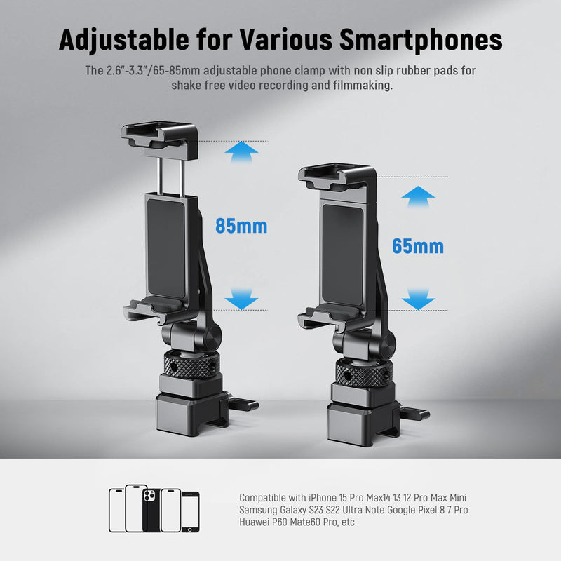 NEEWER Metal Phone Tripod Mount with Cold Shoe NATO Clamp Compatible with DJI RS5 RS4 RS3 Pro RS2 RSC2 Gimbal Stabilizer, 180° Tilt Phone Clip Holder Compatible with iPhone 15 Pro Camera Cage, GA010 GA010 with Nato Clamp