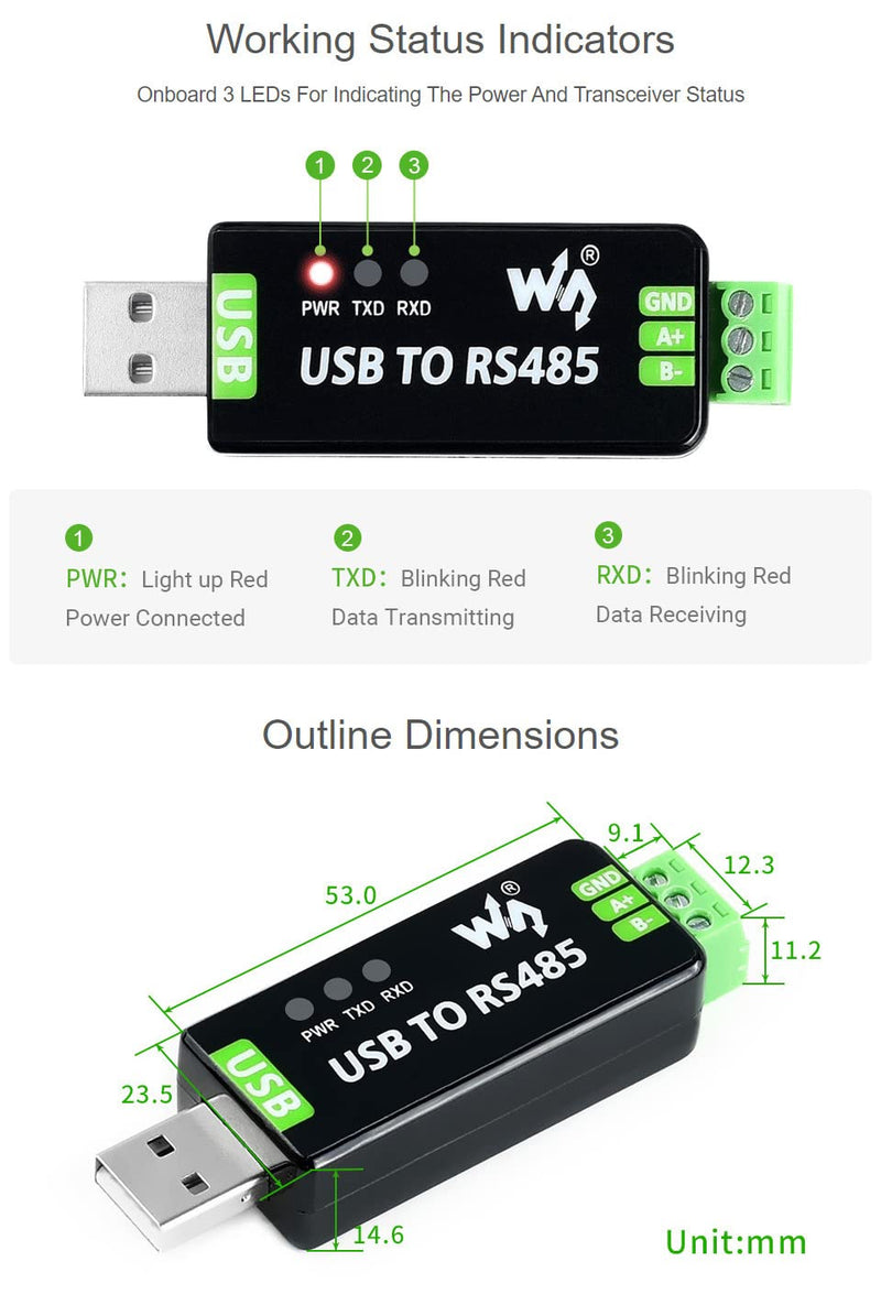 Waveshare Industrial USB to RS485 Converter with Original FT232RL and SP485EEN Embedded Protection Circuits for Industrial Control Equipments and/or Applications with High Communication Requirement