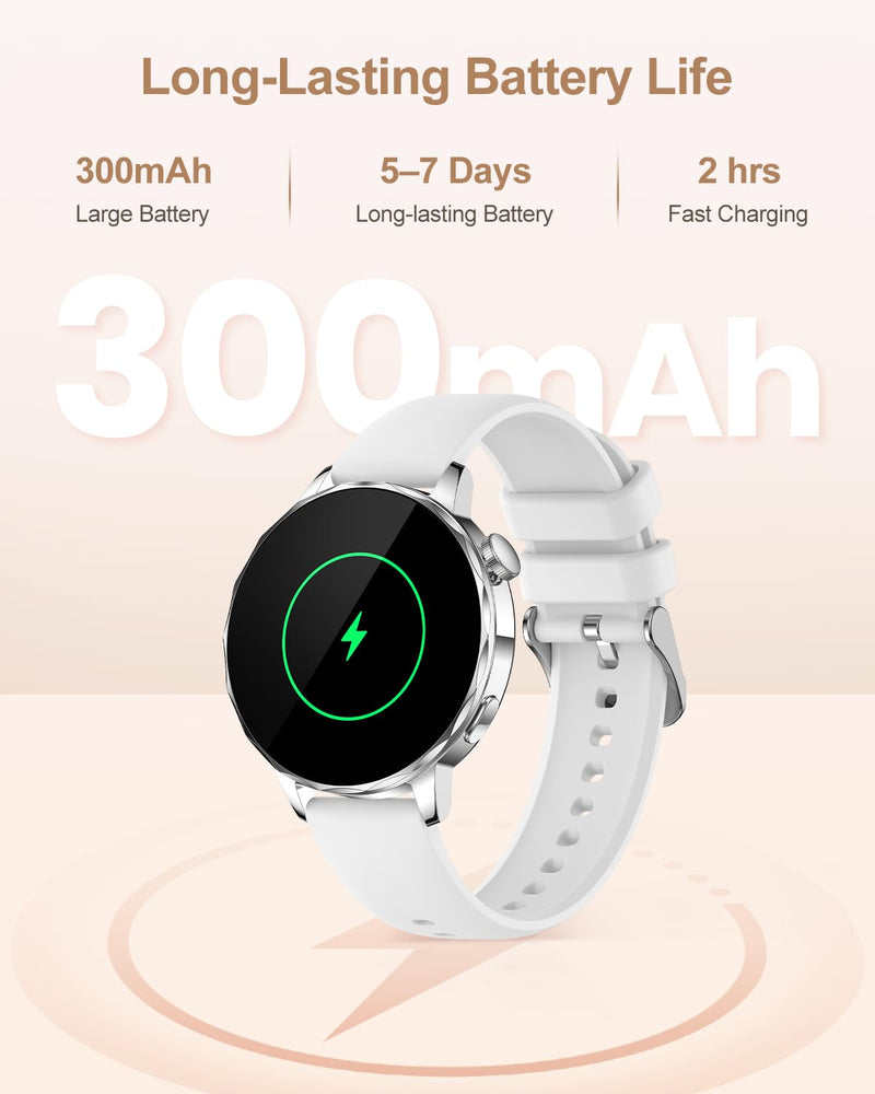 Smart Watch for Women with Bluetooth Calling, 1.27" AMOLED Touchscreen, IP68 Waterproof Fitness Tracker with Heart Rate & Sleep Monitor, 100+ Sports Modes for Android & iPhone (White)