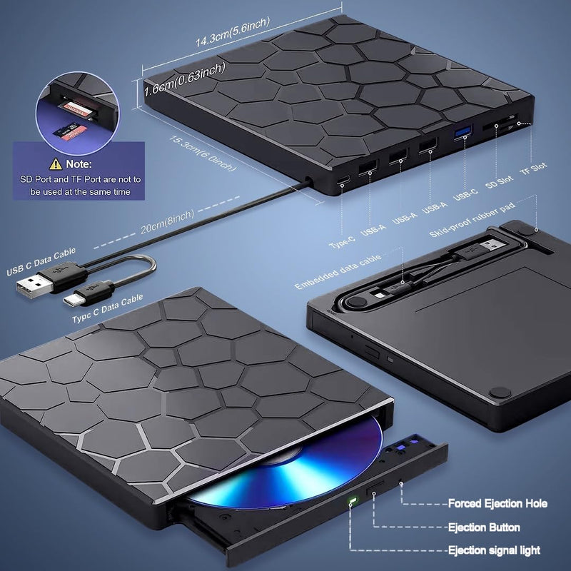 [AUSTRALIA] - External CD/DVD Drive for Laptop, Portable DVD Player for Laptop, 8 in 1 USB 3.0 CD/DVD-ROM +/-RW CD Burner,cd Drive External USB cd Reader Compatible with Desktop Mac,Windows 11/10/8/7 Linux 