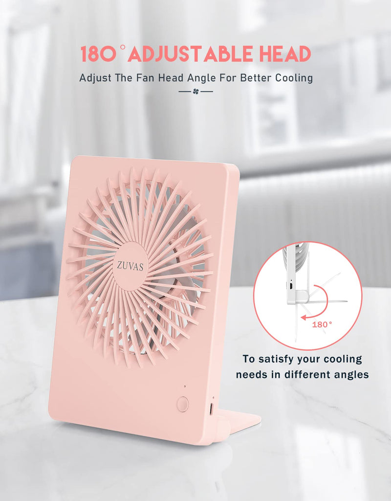 Zuvas Desk Fan Battery Operated Fan Rechargeable 180°Tilt Folding Personal Fan Ultra Quiet Small Portable Fan 3 Speed Adjustable Strong Wind USB Fan For Office Bedroom Home Desktop Camping Peach