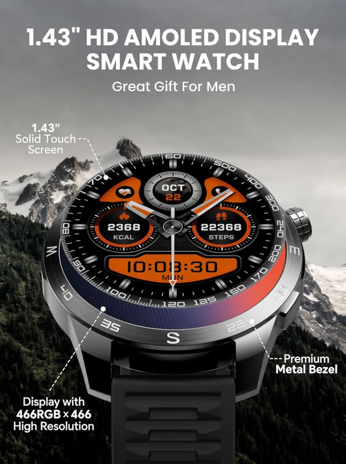 SKG Smart Watch for Men Women, 1.43" GPS Built-in Smartwatch with 100+ Sports Magnetometer Barometer, 9-Day Runtime 5ATM Waterproof Fitness Watch, for Health Tracker Android iPhone Compatible, GT5 Orange