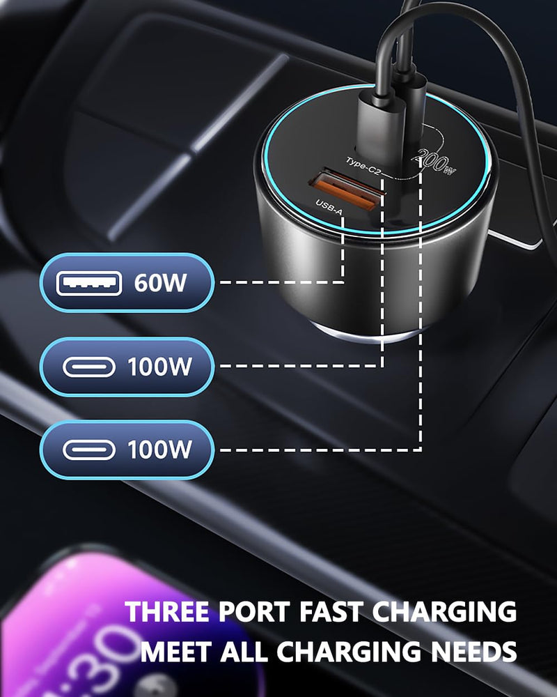 200W Car Charger, USB C Car Charger PD3.0 QC4.0 PPS Fast Charging Car Adapter with 2 100W USB C Cable 3 Port Type C Cigarette Lighter for Dell XPS, MacBook, iPhone 16 15 14, Galaxy S24 Ultra, iPad Pro Black 200W
