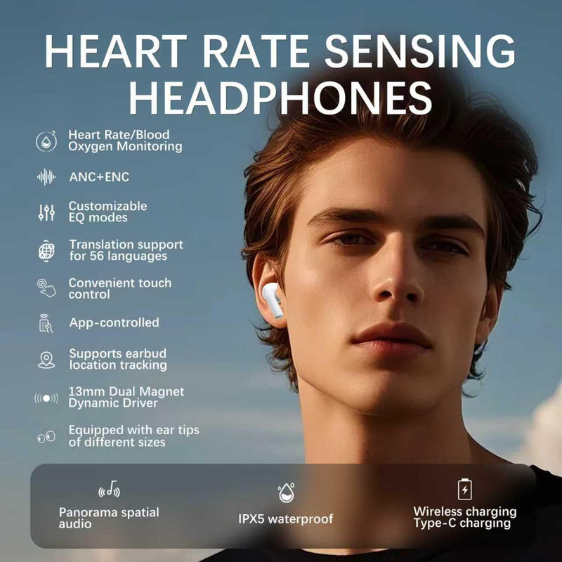 Pro 3 Wireless Earbuds, Heart Rate Monitoring, ANC+ENC, Real-Time Translation, Immersive Bass, USB-C and Wireless Charging, for iOS/Android, Ideal for Exercise, Work, Study, Great Gift White