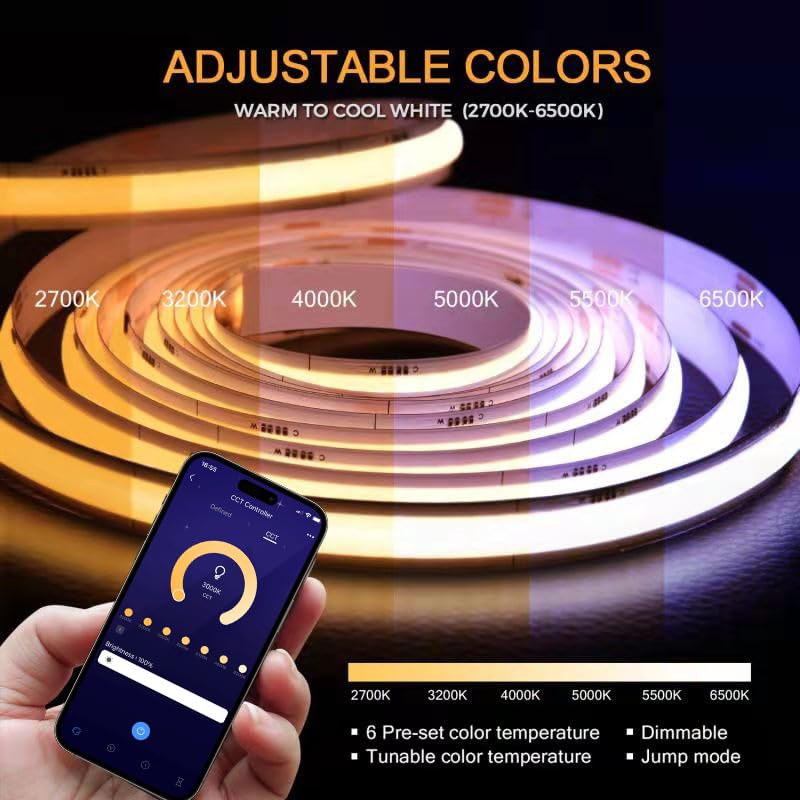 CCT COB LED Strip Light 16.4ft, Tunable White Warm White to Cool White LED Strip, 608LEDs/M DC24V Tape Light, CRI90+, Bluetooth App Control, Dimmable Strips for Bedroom, Office, DIY Lighting. 2700K-6500K